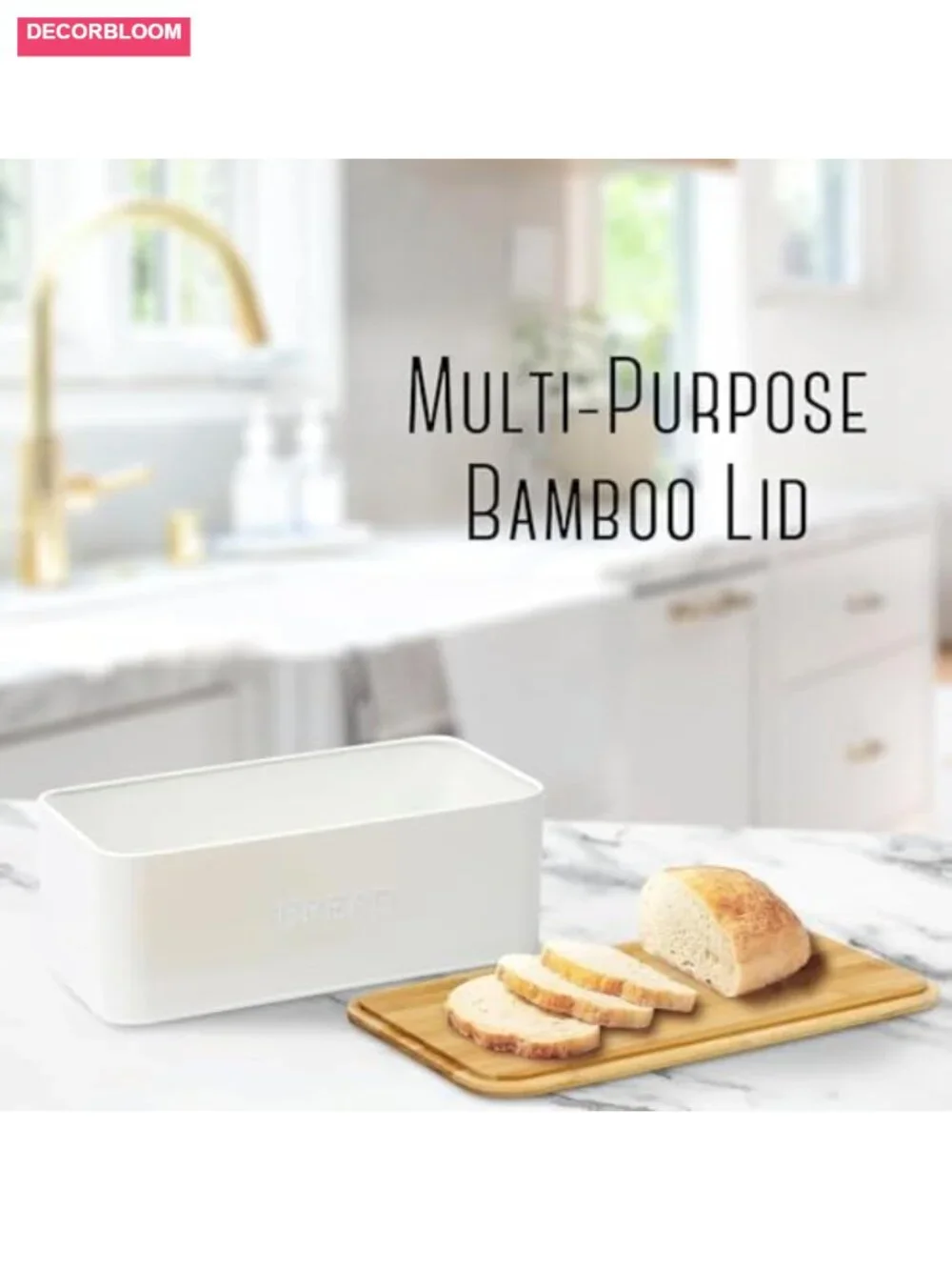 White Bread Box with Bamboo Cutting Board Lid, Stainless Steel Kitchen Storage